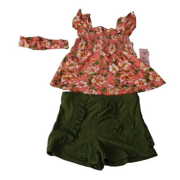 Little Lass 3 Piece Outfit Floral Top Green Shorts Headband Set Girls Size 4 - Picture 1 of 9
